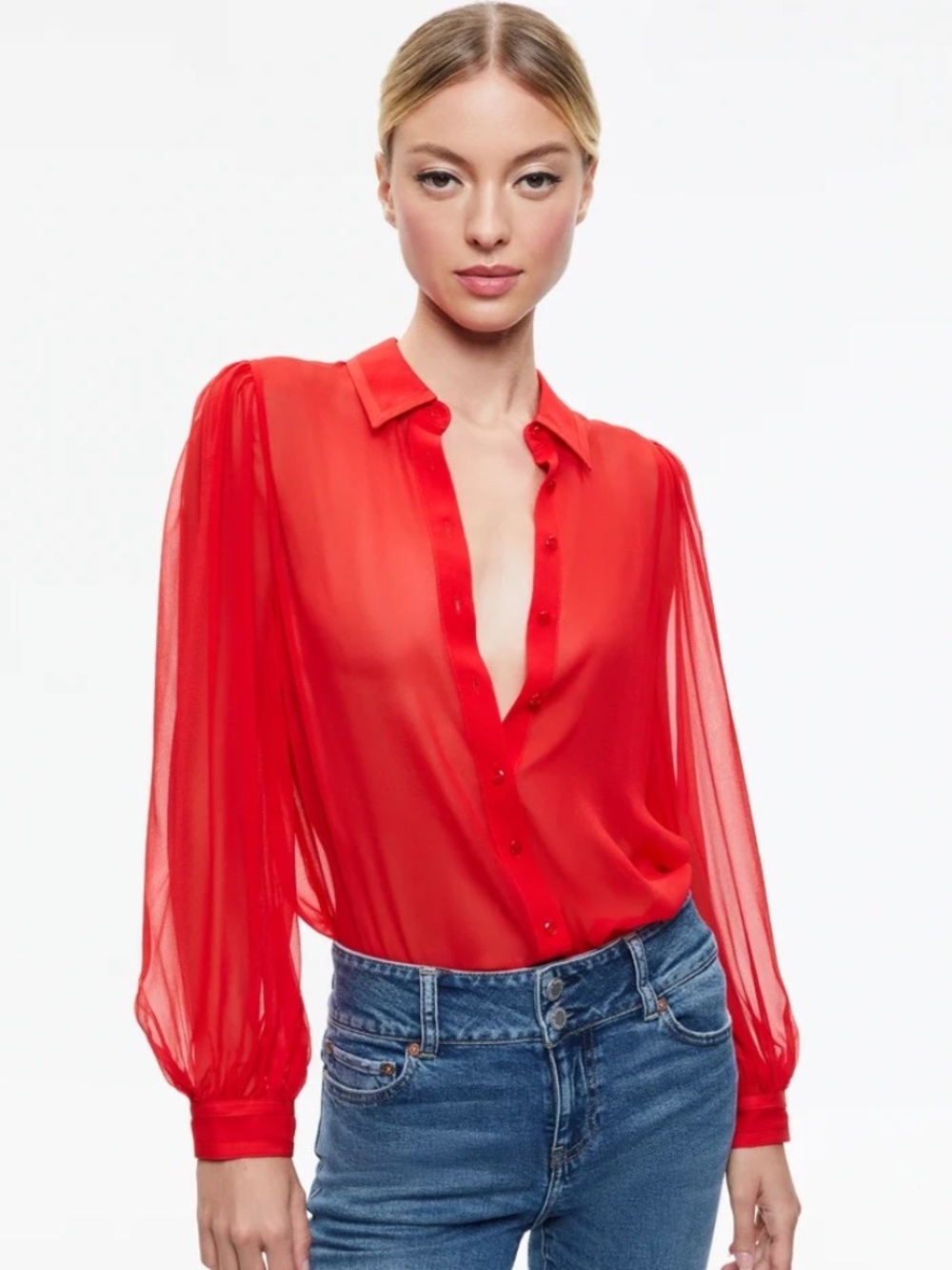 Alice + Olivia Roanne Silk Blouse Bright Ruby size M